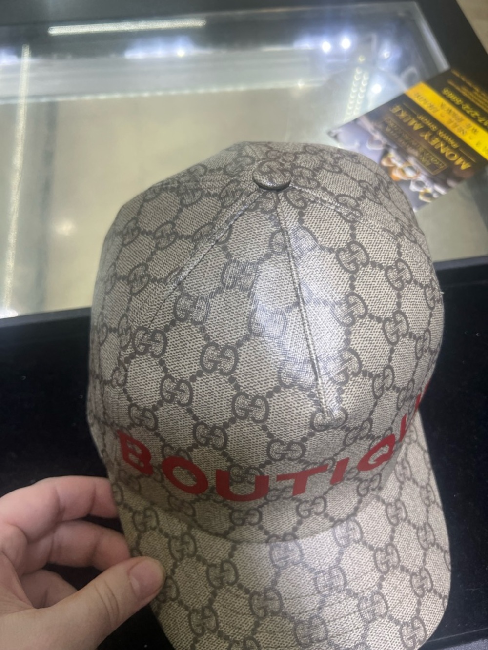 Gucci Beige GG Monogram Baseball Cap with Red BOUTIQUE Script - Picture 2 of 11